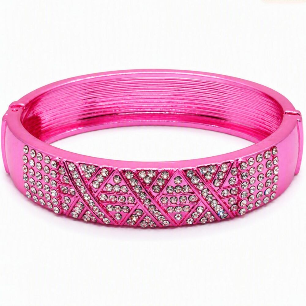 Sparkling Hot Pink Rhinestone Geometric Pattern Hinged Bangle Bracelet 7.25"
